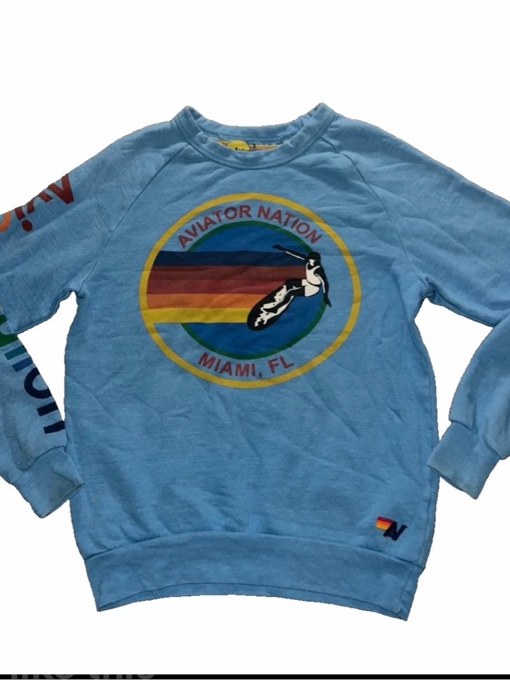 Aviator Nation Light Blue Crewneck Sweatshirt with Miami Surf Graphic